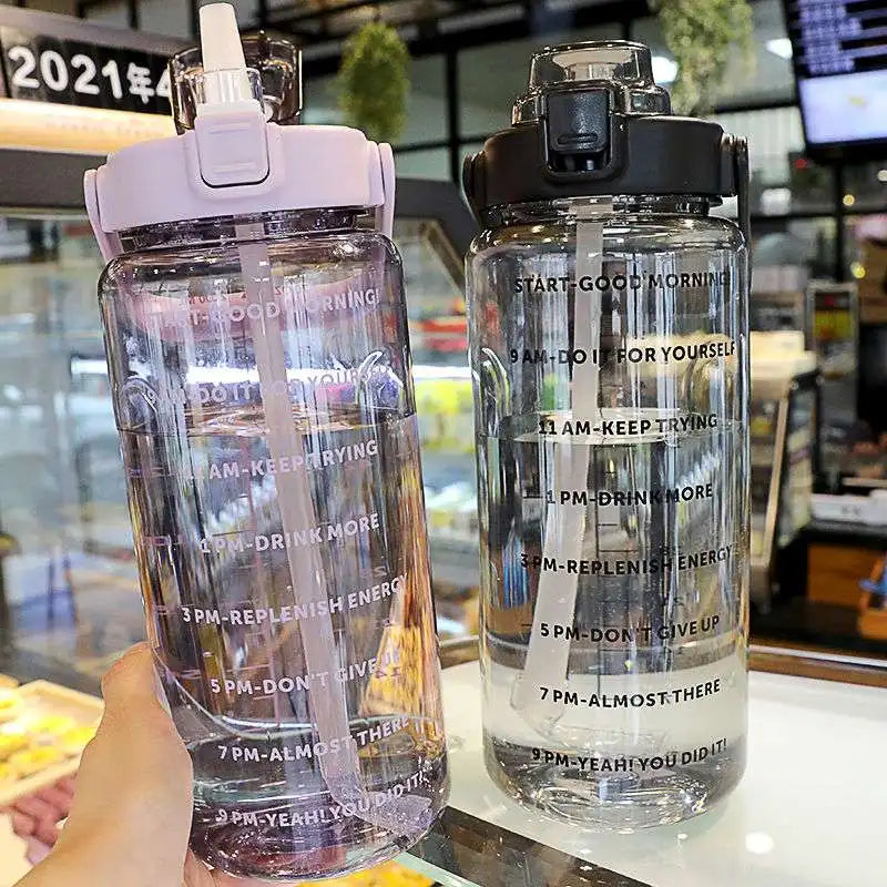 Large, Purple 2 Liter Water Bottle with Straw for Fitness and Travel with Time Marker