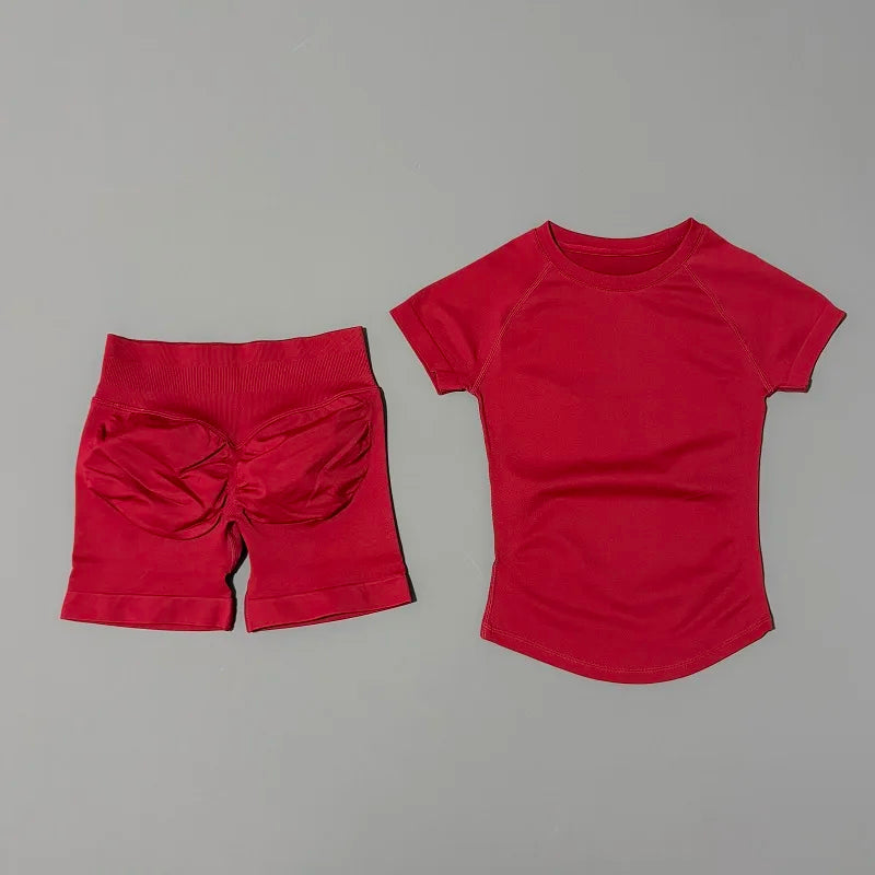 2 Piece Sports Set with Shortsleeve Seamless Top and Seamless Shorts