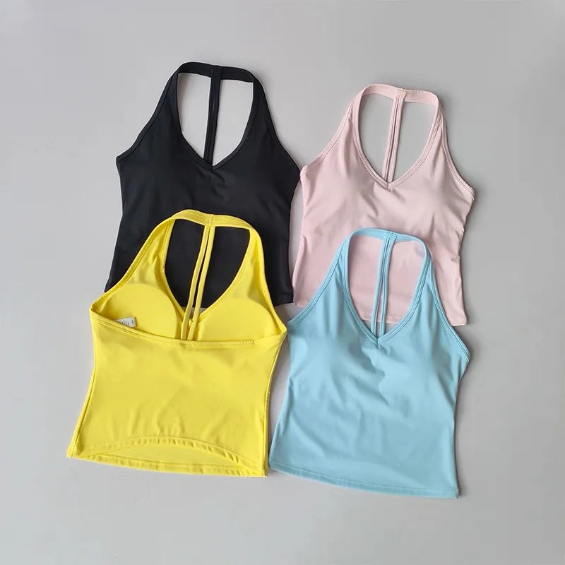 Women's V-Neck Fitness Sports Bra Hanging Neck Gym Top Active Wear Yoga Tank Top