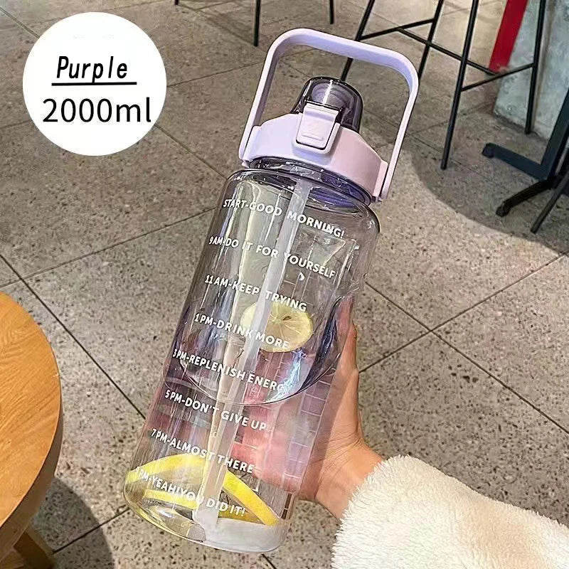 Large, Purple 2 Liter Water Bottle with Straw for Fitness and Travel with Time Marker