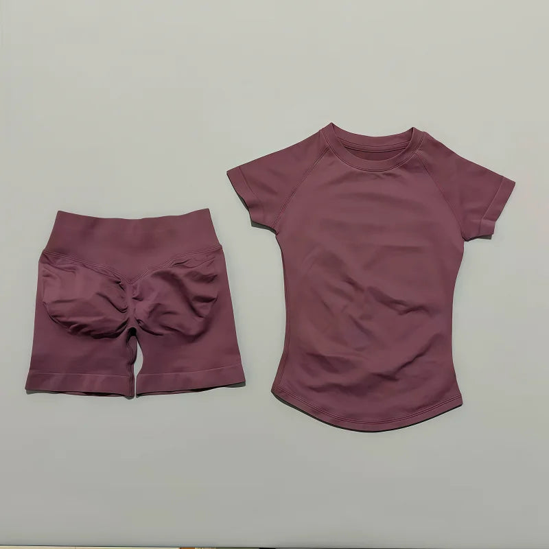 2 Piece Sports Set with Shortsleeve Seamless Top and Seamless Shorts