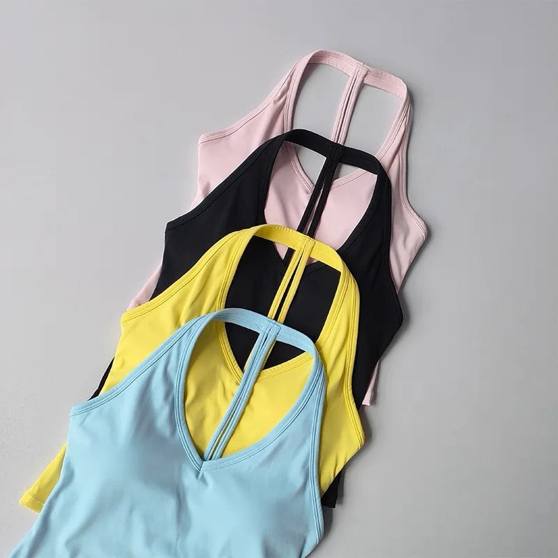 Women's V-Neck Fitness Sports Bra Hanging Neck Gym Top Active Wear Yoga Tank Top