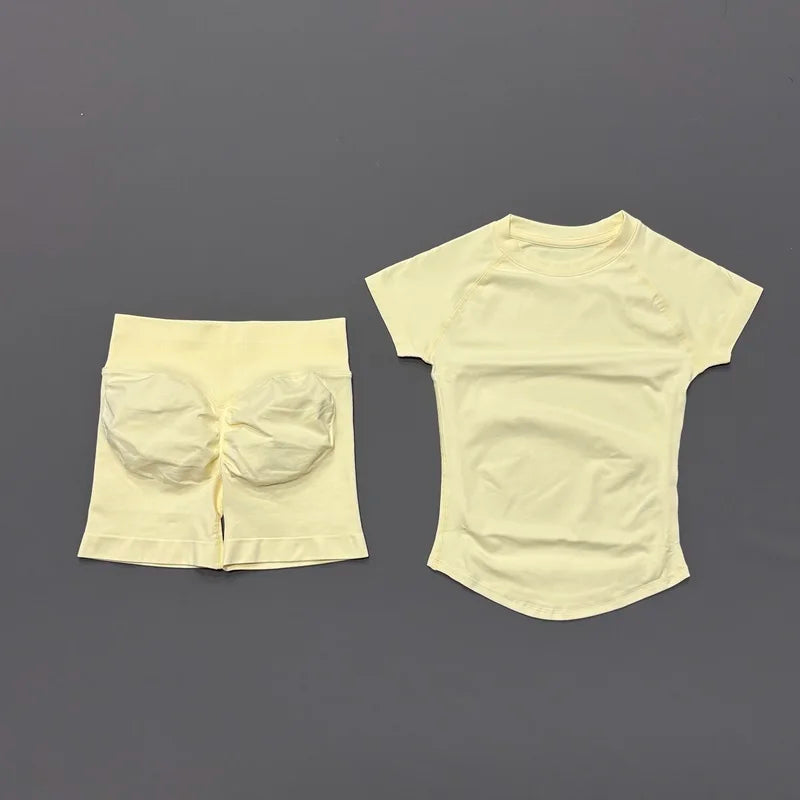 2 Piece Sports Set with Shortsleeve Seamless Top and Seamless Shorts