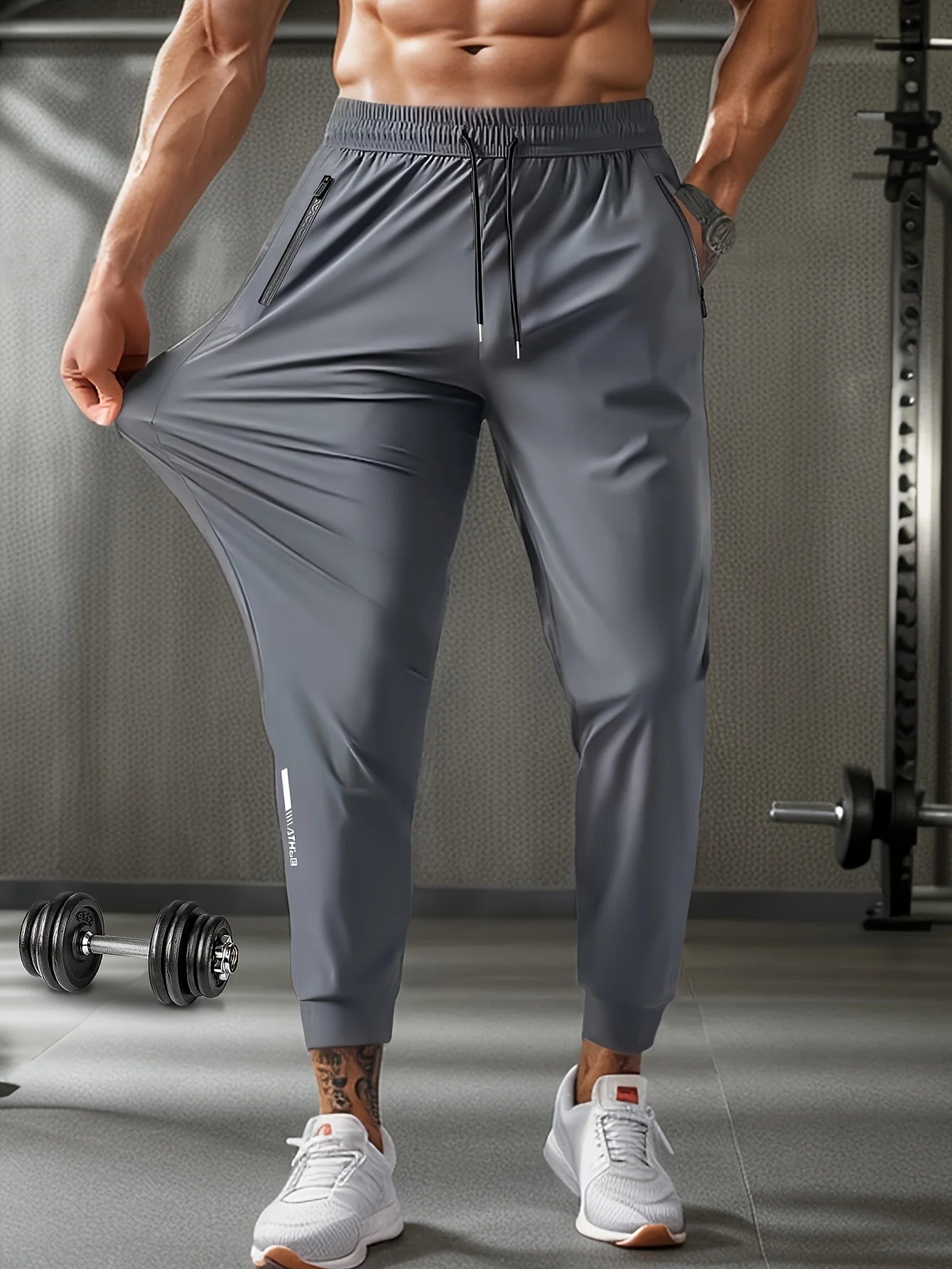 Men's Waist Drawstring Quick Dry Elastic Sport Gym Outdoor Pants with Zipper Pockets