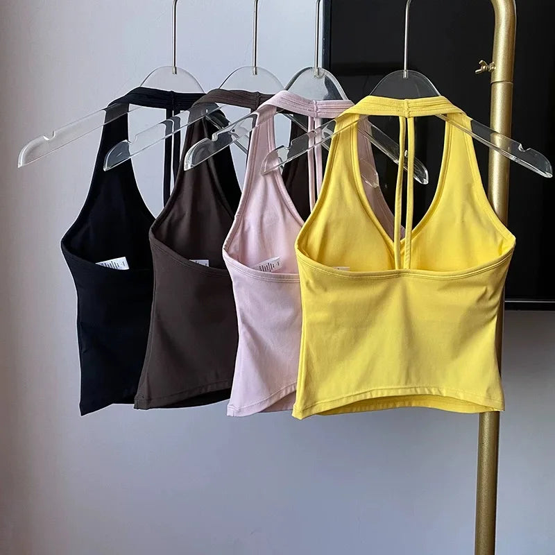 Women's V-Neck Fitness Sports Bra Hanging Neck Gym Top Active Wear Yoga Tank Top