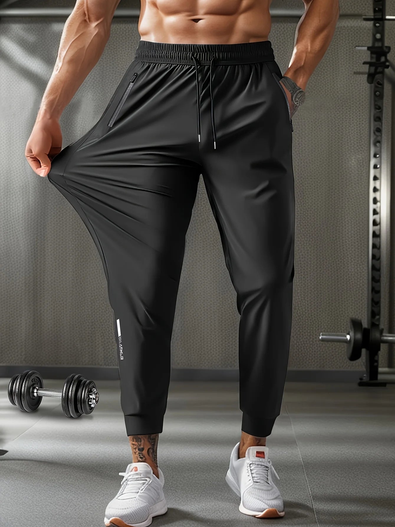 Men's Waist Drawstring Quick Dry Elastic Sport Gym Outdoor Pants with Zipper Pockets