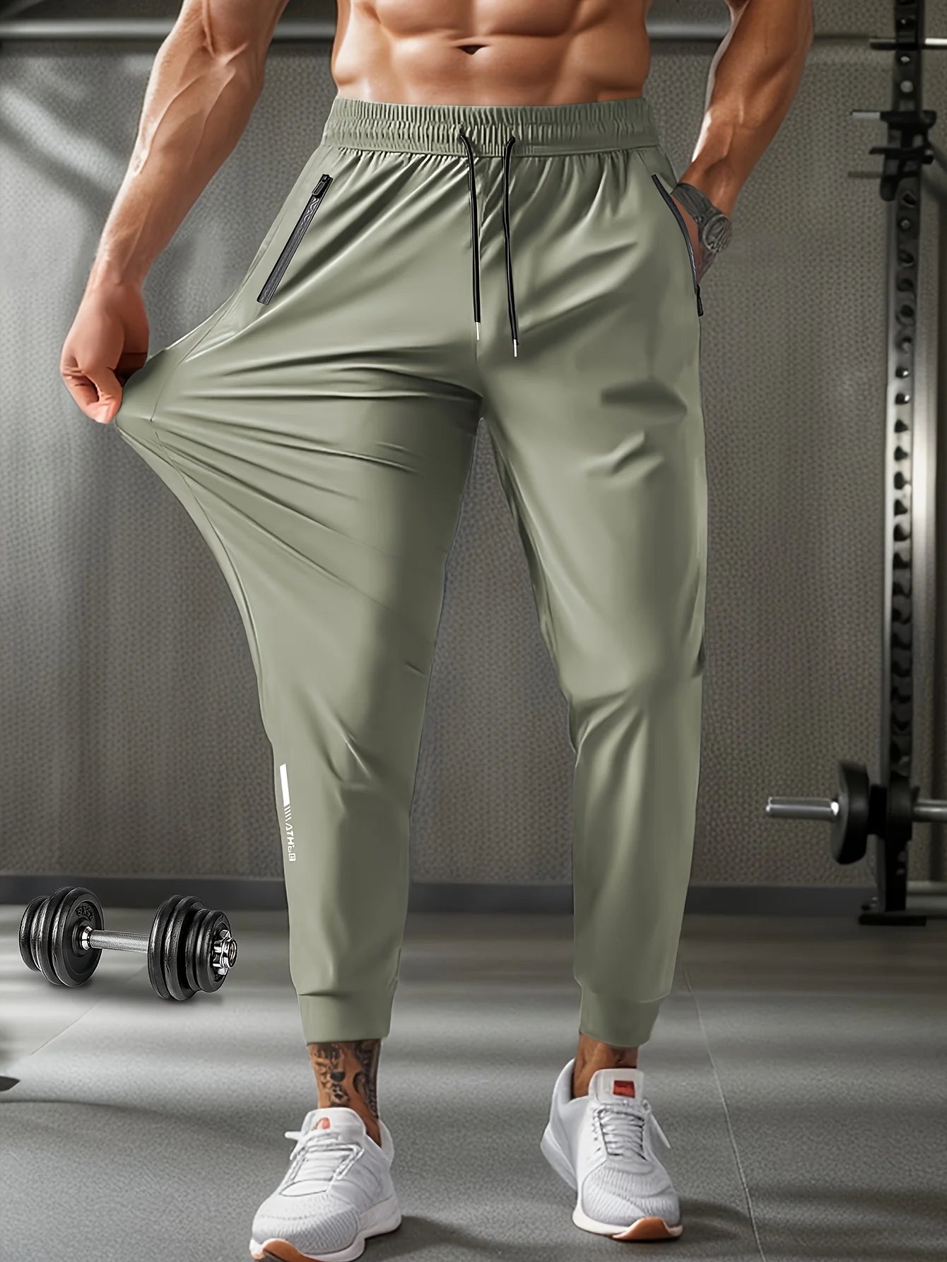Men's Waist Drawstring Quick Dry Elastic Sport Gym Outdoor Pants with Zipper Pockets