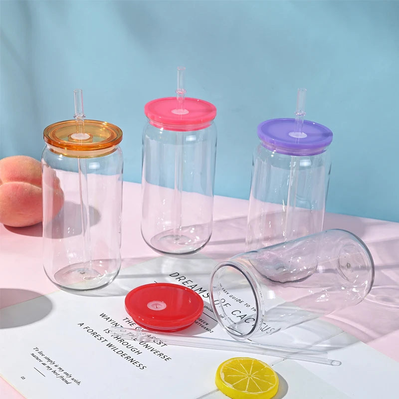 Clear 16 OZ Plastic Cup/Straw With Colored Lid