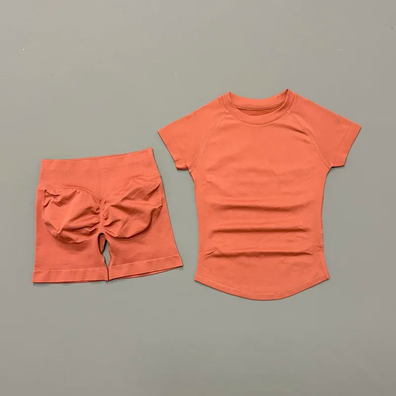 2 Piece Sports Set with Shortsleeve Seamless Top and Seamless Shorts