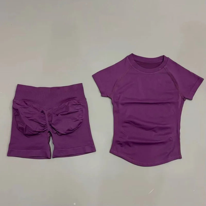 2 Piece Sports Set with Shortsleeve Seamless Top and Seamless Shorts
